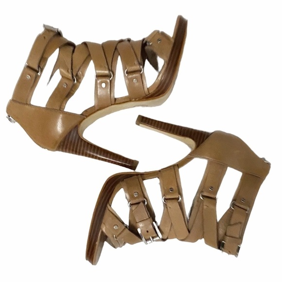 Michael MICHAEL KORS LEONIA LEATHER TAN STRAPPY ANKLE HEELED SANDALS - Picture 2 of 10